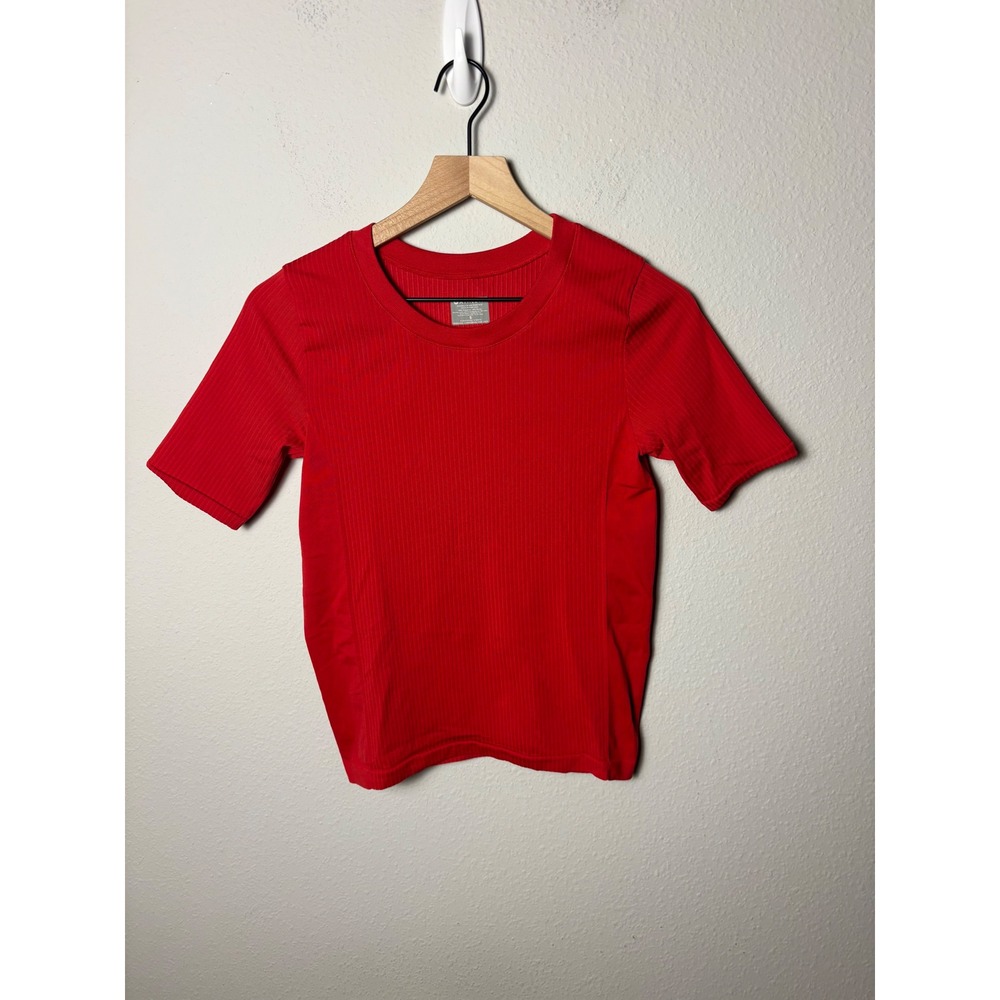 Athleta Renew Crewneck T Shirt Red Ribbed Short Sleeve Activewear Top Small